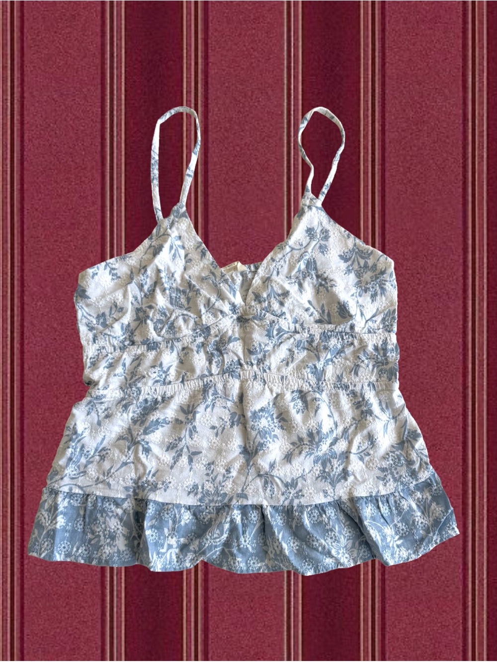 Blue Floral Spaghetti Strap Peplum Tank Top
